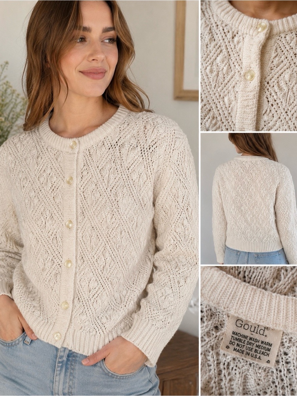 Vintage It’s Pure Gould Pointelle Cable Knit Cardigan USA Women’s Ivory